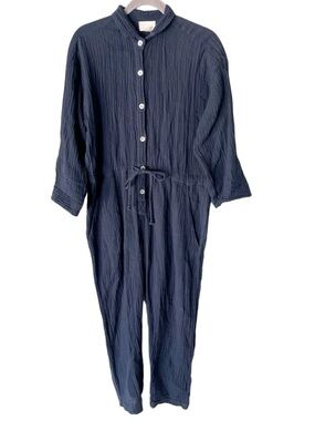 Honest Cotton One Size Jumpsuit Navy Blue Crinkle Gauze Minimalist Ethical Lagom